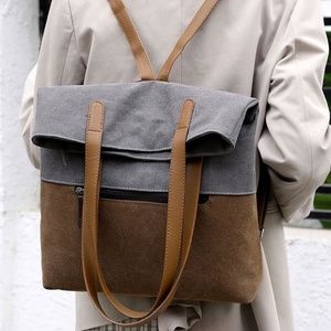 boho grey tan color block vegan leather mini backpack